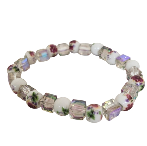 Sparkling Crystal Cubic Transparent Peony Floral Ceramic Stretch Bracelet - Picture 6 of 6